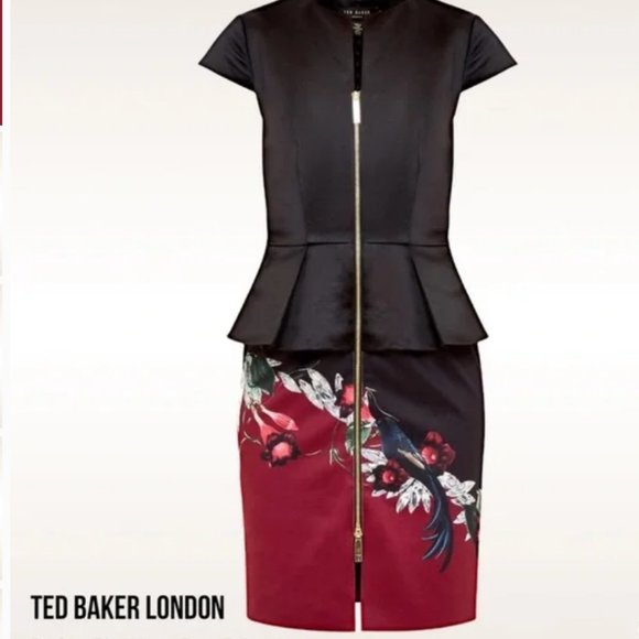 Ted Baker Black Red Jaunel Satin Bejewelled Shadow Peplum Dress size 1 nwot - Picture 2 of 9
